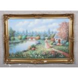 P.Wilson, A large gilt frame oil on canvas, rural landscape scene with a cottage and a figure. (60cm