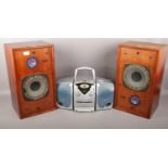 A pair of Decca Speakers in wooden cases, to include Bush portable CD micro system