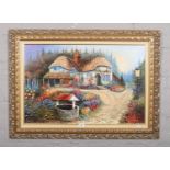 Dallas K Taylor, A gilt frame oil on canvas, landscape scene with a cottage. Signed in pencil to