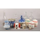 A collection of ceramics and glass, to include Wedgwood, decanters, Wade spirit kegs etc.