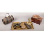 A group lot of collectables to include powder flasks, binoculars, brass tray etc.