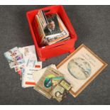 A box of mixed ephemera, to include signed Dickie Bird autobiography, Portfolio of Cricket Prints,