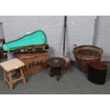 A collection of wicker baskets, small wooden footstools, violin and case, copper bed warmer etc