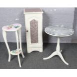 Three pieces of painted white furniture, shabby chic style, includes circular side table with