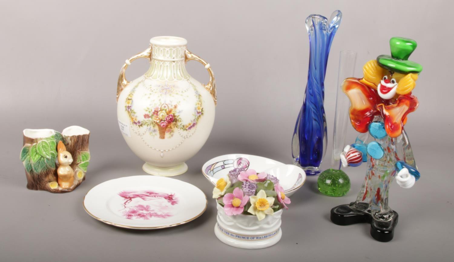 A group lot of ceramics and glassware to include art glass vase, murano glass clown, Aynsley,