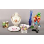 A group lot of ceramics and glassware to include art glass vase, murano glass clown, Aynsley,