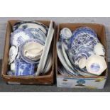 Two boxes of blue/white ceramic wares, Royal Doulton, Ringtons, Pinder Bourne & Hope examples