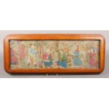 A Victorian mahogany tray with embroided panel depicting musicians, raised on bun feet. (Length