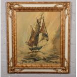 A Ben Maile ornate gilt framed print, ship at sea scene titled 'The Ketch'.