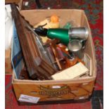 A box of miscellaneous to include stoneware, lighters, pewter tankards etc.