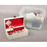 A box of costume jewellery, brooches, quartz watches etc to include a jewellery box