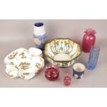 A group lot of ceramics and glass to include Royal Doulton stoneware vase, cranberry glass,