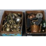 Two boxes of miscellaneous mainly brassware's Copper teapot, brass jug, vases, fire tools etc