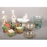 A mixed group to include 19th century twin handled glass vase, silver plate, Ye Olde Inne teaset,