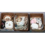 Three boxes of miscellaneous mainly ceramics, Mason's, Shelley, Coalport, Royal Crown Derby, Royal