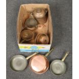 A box of brass and copper to include pans, vessels etc.