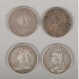 Four Victorian silver crowns to include 1889 jubilee head, 1891 widow head examples etc.