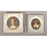 Two c20th piano key framed miniature paintings of maidens.