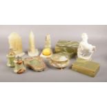 A mixed group of mainly hardstone items, to include onyx boxes, alabaster horse, bookends etc. Lid