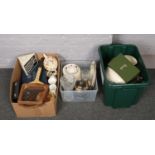 Three boxes of miscellaneous to include cabinet plates, vintage tennis racket, sadler teapot,