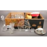 Two boxes of miscellaneous, cut crystal glass decanters, vases, bowls, commerative King George VI