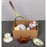 A box of miscellaneous mainly ceramics, Mason's bowl, ironstone jug, Weatherby Hanley cake stand,