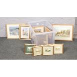 A box of framed tapestry, watercolours, prints, floral, rural scene