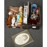Two boxes of miscellaneous, to include Pollyanna Pickering print, Oldcourt Ware, horse brasses,
