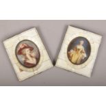 A pair of c20th piano key framed miniature paintings of maidens.