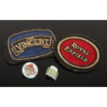 Two vintage Isle of man TT enamel motorcycle badges and two embroidered badges the Vincent and Royal