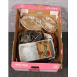 A box of miscellaneous, silver plated bowls, glasswares, tapestry serving trays etc