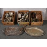 Three boxes of metalwares, silver plated engraved trays, coblets, candlesticks, butter dishes, etc