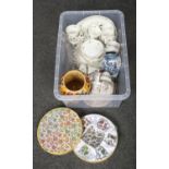 A box of miscellaneous, to include Royal Standard bone china, Indian Tree vase, boxed coffee set