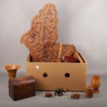 A box of wooden wares, fruit bowl, vases, bowls, cups, candlesticks,, elephant figures, tray etc