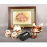 A mixed group to include, Rosenthal Versace bottle stopper, framed watercolour, hunting themed tea