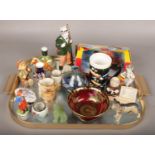 A good tray of ceramics and collectables including Royal Worcester jug, Devon Lustrine bowl,