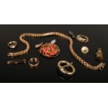 A box of vintage gilt dress jewellery including a coral brooch.