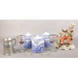 A mixed group to include Spode storage jars, pewter tankard, Silver Jubilee goblets etc. Capodimonte