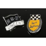 Two vintage Aviakit enamel motorcycle badges, HRD Vincent and Lewis Leathers.