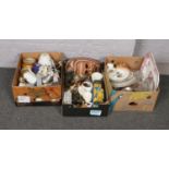 Three boxes of miscellaneous to include cabinet plates, glassware, stoneware, mask, metal wares etc.