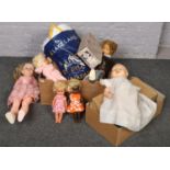 Two boxes of mainly vintage children's dolls, Codeg, Kader examples with dolls clothes