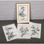 A collection of oriental fabric prints to include one in frame