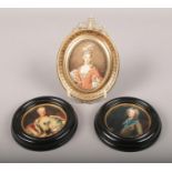 A gilt frame oil on board portrait miniature of a maiden, along with a pair of similar framed