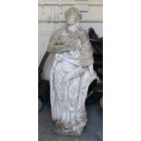 A cast concrete garden ornament in the form of a maiden holding a snake. (Height approx 106cm).