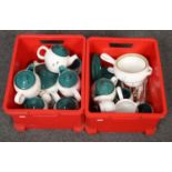 Two boxes of Denby 'greenwheat' tea pots, coffee pots, egg cups, jugs, plates, cups, saucers ertc