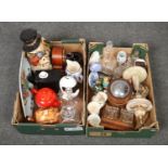 Two boxes of miscellaneous, to include oak biscuit barrel, desk stand, cottageware, Kosta Boda glass