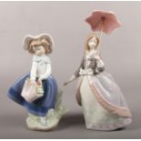Two Lladro figures of girls. Nibbles to edge of umbrella.