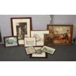 A collection of pictures and prints to include large E.Blair Leighton print, hunting scene print,