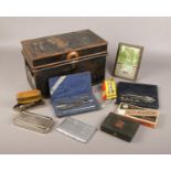 A tin deed box and contents of collectables, to include Pifco torch, Rolls Razor, cigarette case