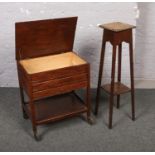 An oak work box, along with a two tier jardiniere stand.